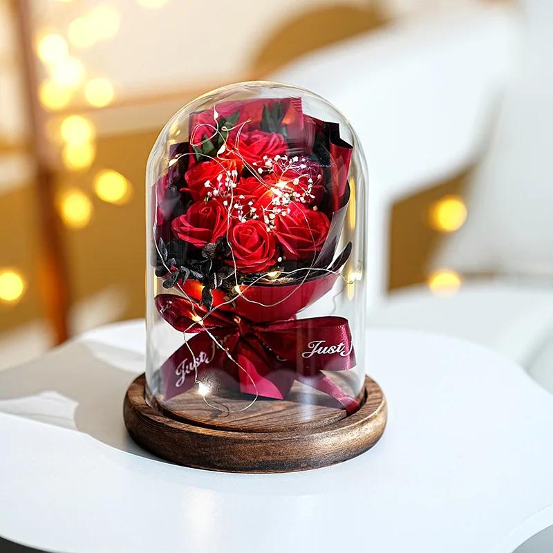 Real Dried Sunflower Bouquet with LED Light Real Eternal Roses Lamp Sunflower Glass Cover Graduation Valentine's Mother's Gift