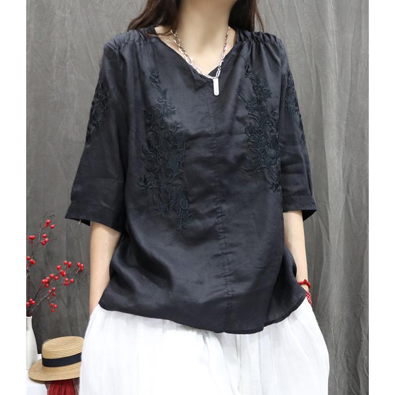 

2026 Spring/Summer Retro Embroidered Mid-Sleeve Slimming Pullover Top XL чорний