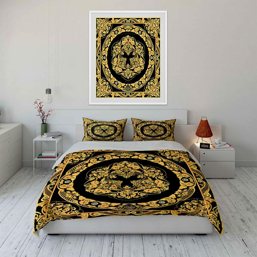 Baroque Gold Floral Pattern Bedding Duvet Cover Set  (1*Duvet Cover 2*Pillowcases, Without Duvet Insert)