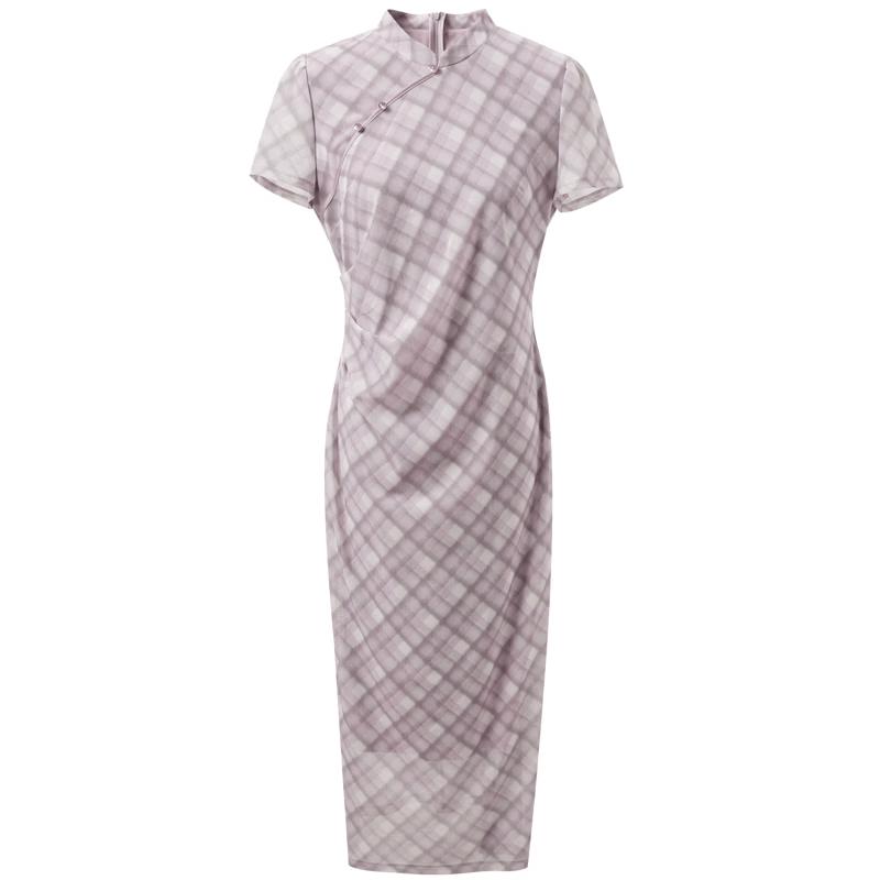 Sancai New Chinese Style Gingham Mesh Print Dress S