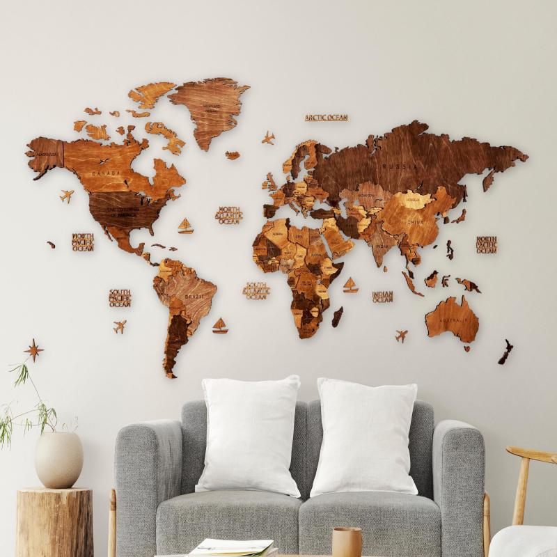 3D Wooden World Map – Handmade Wall Art For Home & Office Decor - Dark Brown