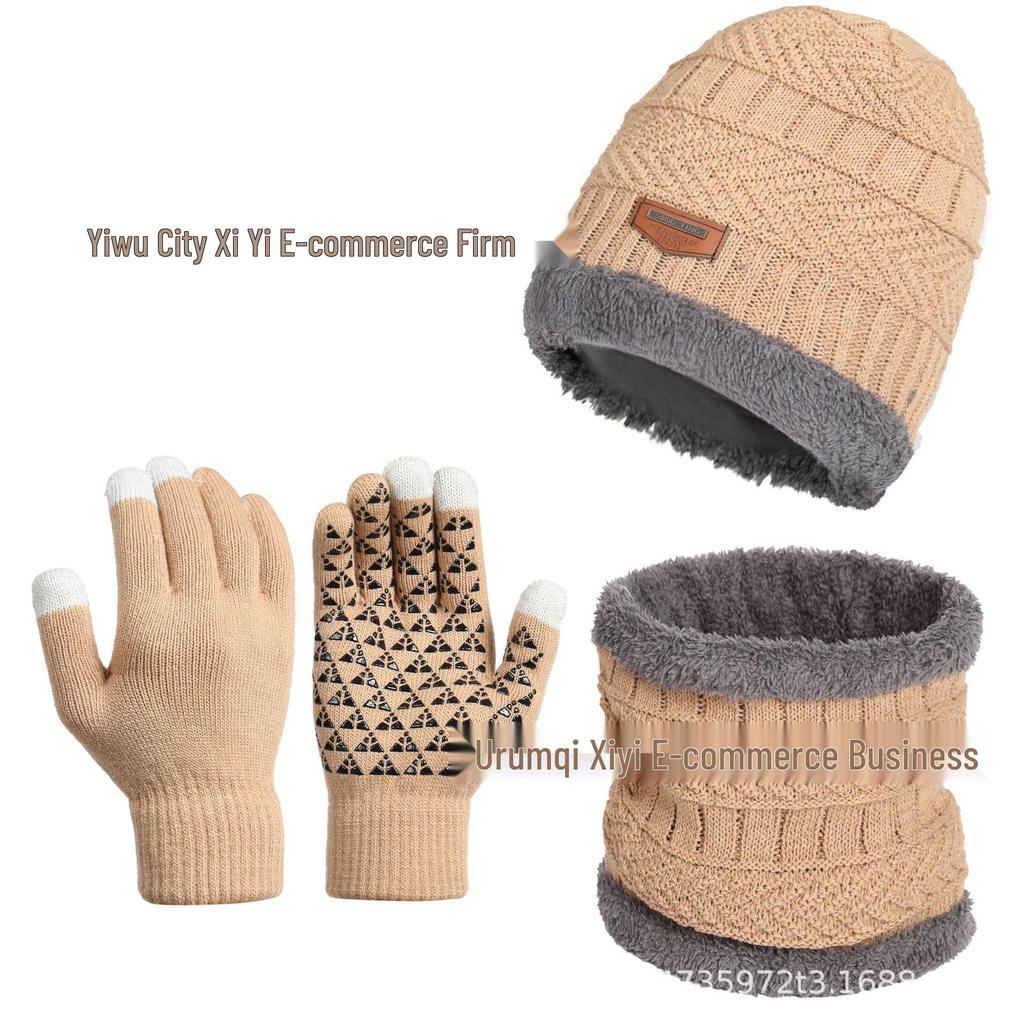 Men's Three-Piece Winter Set: Knitted Wool Hat, Scarf, and Touchscreen Gloves with Plus Velvet Warmth