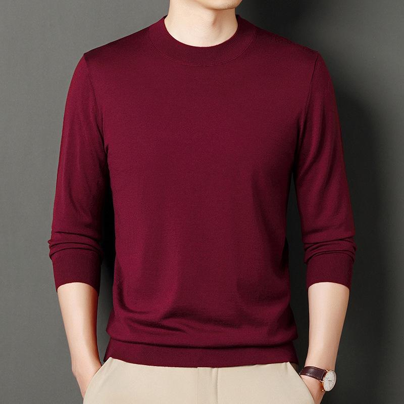 Herren Feinstrick Pullover aus reiner Wolle mit Rundhalsausschnitt, Mondgrau/Weinrot, Einfarbig, Nicht kratzend, Herbstkollektion.