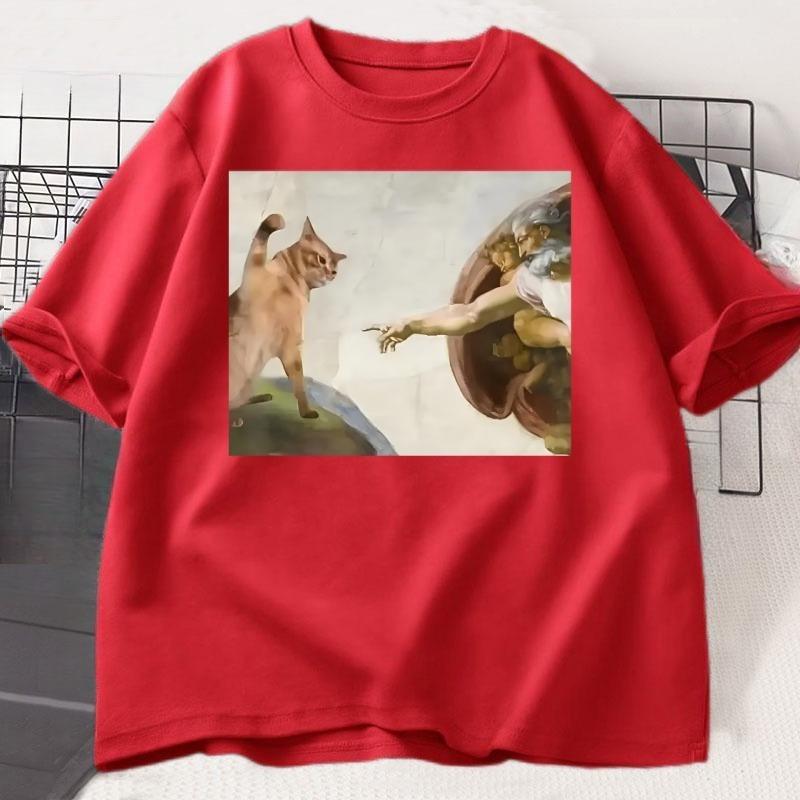 Grappig Kat God Schepping van Adam Meme T-shirt Dames Casuals Korte Mouw Jezus T-shirt Ronde Hals Tops