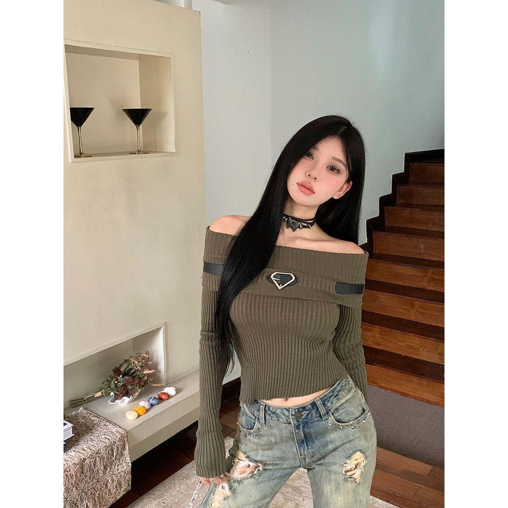 Sweet Spicy Girl One-Shoulder Knitted Top - Autumn/Winter Long Sleeve Off-Shoulder Sweater