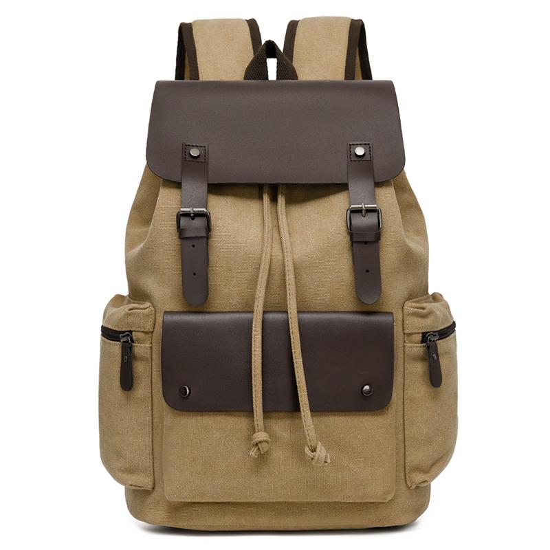 Men's Canvas Backpack Laptop Bag College Student Commuter Travel Drawstring Backpack Flip Cover School Bag Retro Backpack Men