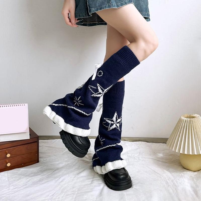 Japanese Harajuku Stretchy Knitted Leg Warmers with Star Pattern for Women Drawstring Ruffle Flared Boot Cuffs Covers