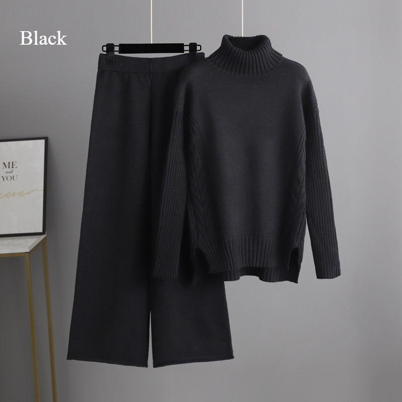 Autumn and Winter New Sweater 2piece Set for Women Lazy Style Loose High-neck Suit for Women Fashionable Casual Wide-leg Pants