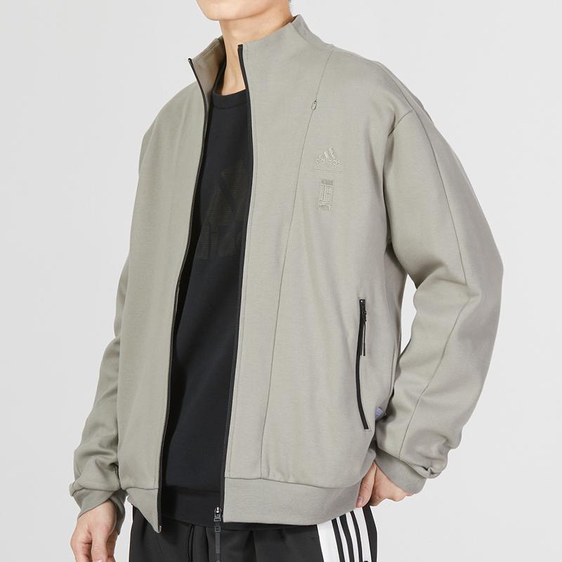 Adidas Essential Logo Embroidered Sports Windbreaker Jacket With Stand Collar Men Outerwear Gray IA8128