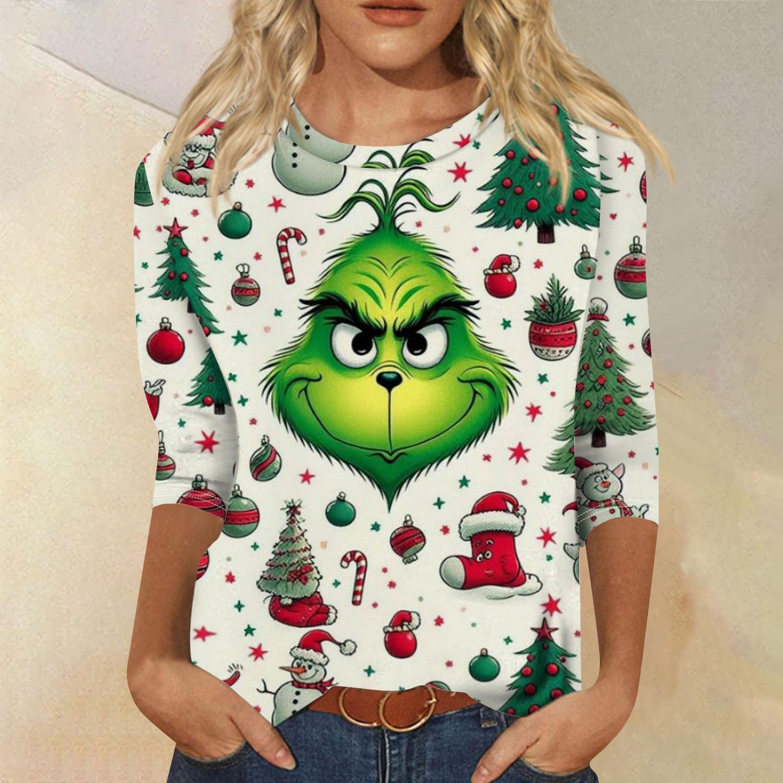 

Женская мода повседневная рубашка с круглым вырезом и рождественским принтом, семь рукавов XXL