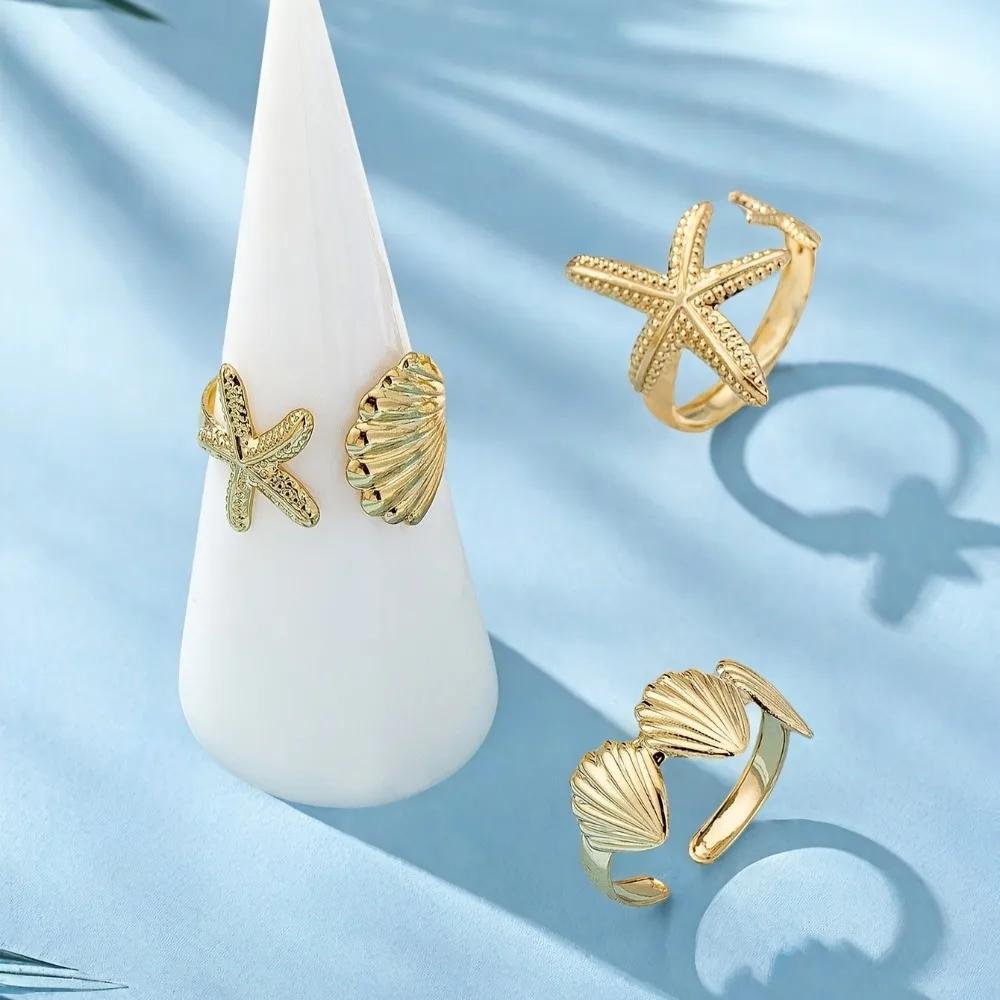 Beach Starfish Shell Style Women'S Alloy Ring Adjustable Opening Zircon Three Piece Set Summer Vacation Party Accessories