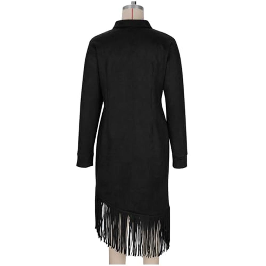 Damenmode Einfarbig Western- Wildleder Fransen Slim-Fit Langarmkleid