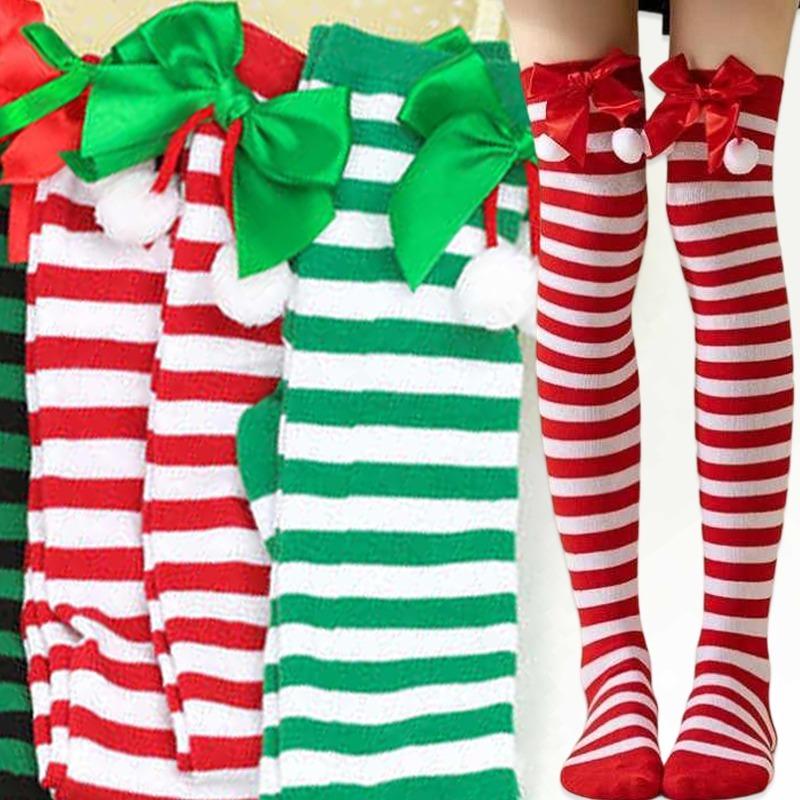 New Butterfly Knot Christmas Ball Socks Over Knee Sock Women's European and American Festival Christmas Striped Long Socks