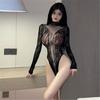 Sexy Women Fishnet Bodysuit Long Sleeve Backless Mock Neck See Through Lingerie