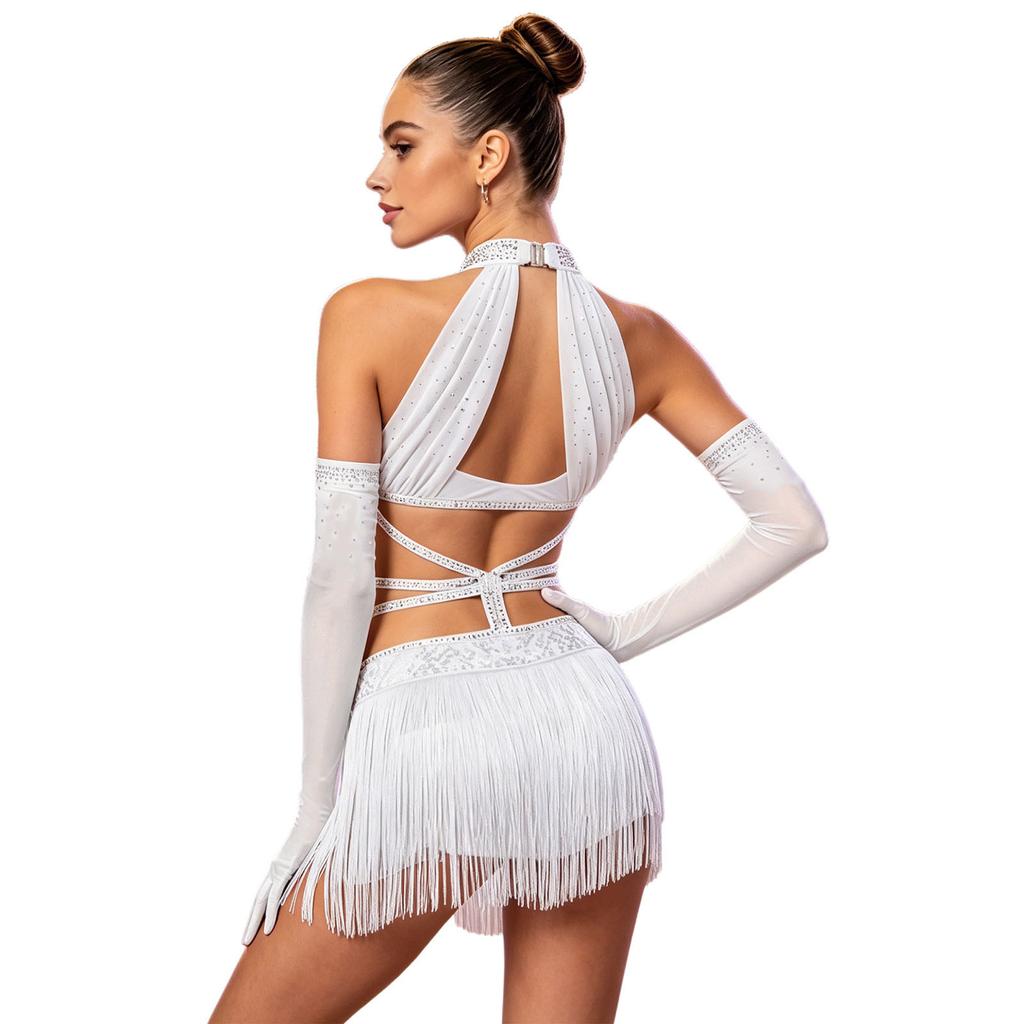 Damen Latin Dance Fransenkleid Cutout Ärmellos Träger Taille Quasten Saum Paillettenkleid mit Langen Handschuhen