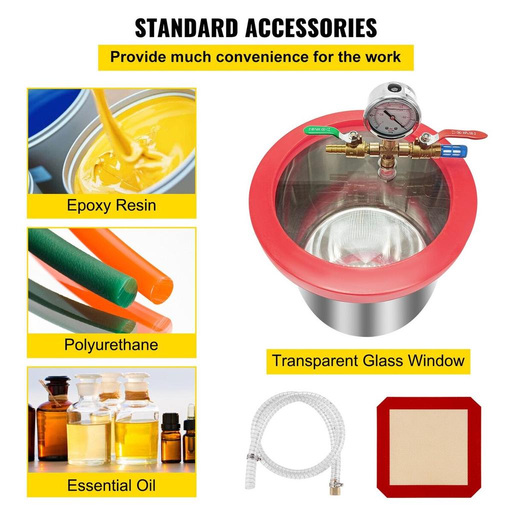 2 Gallon Vacuum Chamber Silicone Expoxy Degassing 4CFM 1/3HP Vacuum Pump