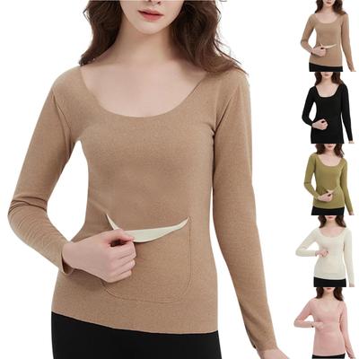 Women's Solid Color Front And Back Pockets Long Sleeved Seamless Waist  Warm Top