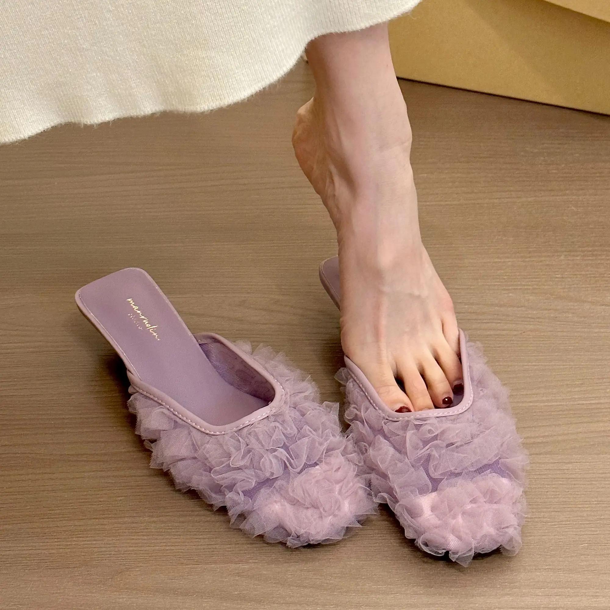 

Vintage Feather Shoes for Women Sandals Woman Slippers Plush with Heel Designer Easy Wears Vip Low Price Slip-resistant Non 39 35