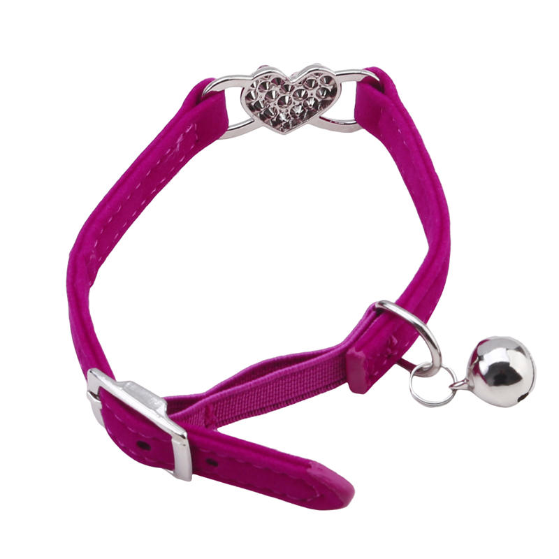 Cute Heart Flocked Diamond Bell Cat Collar Pet Puppy Kitten Collars with Safety Belt Jeweled Necklace