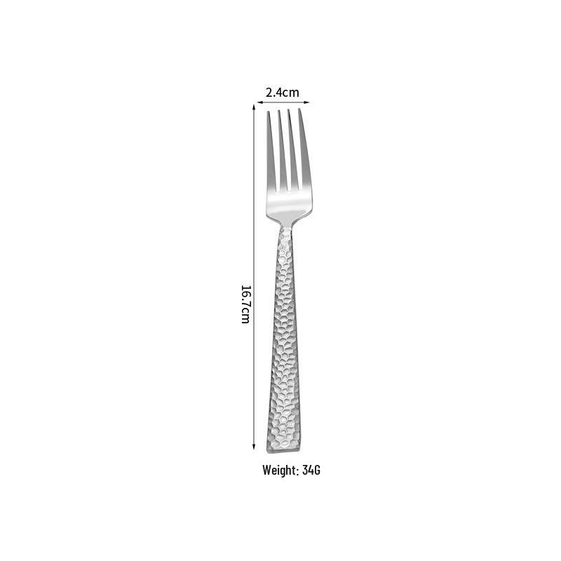5-Piece Gold-Plated Hammered Stainless Steel Flatware Set - Includes Steak Fork, Knife, Spoon, and Square Handle Utensils.