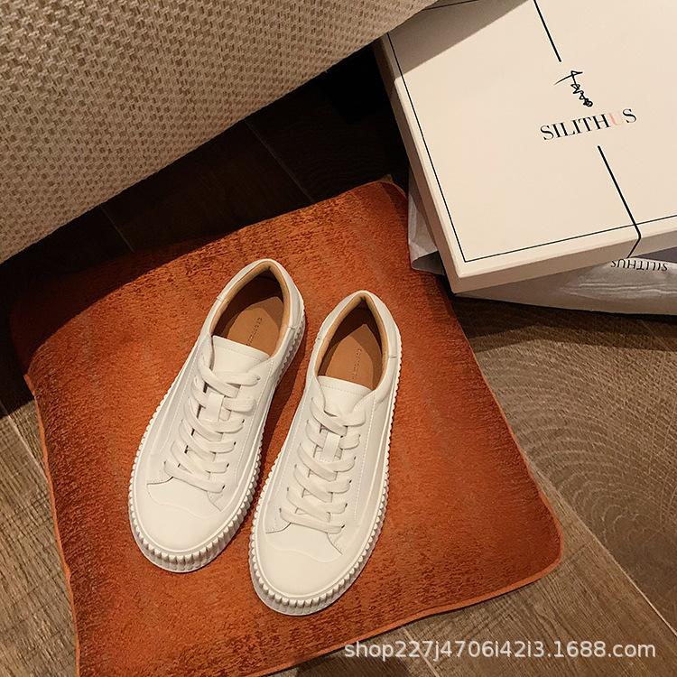 Leather Biscuit Shoes New Spring and Autumn White Shoes Women's Height Increase Breathable Versatile Thick Baseplate Shoes Tide