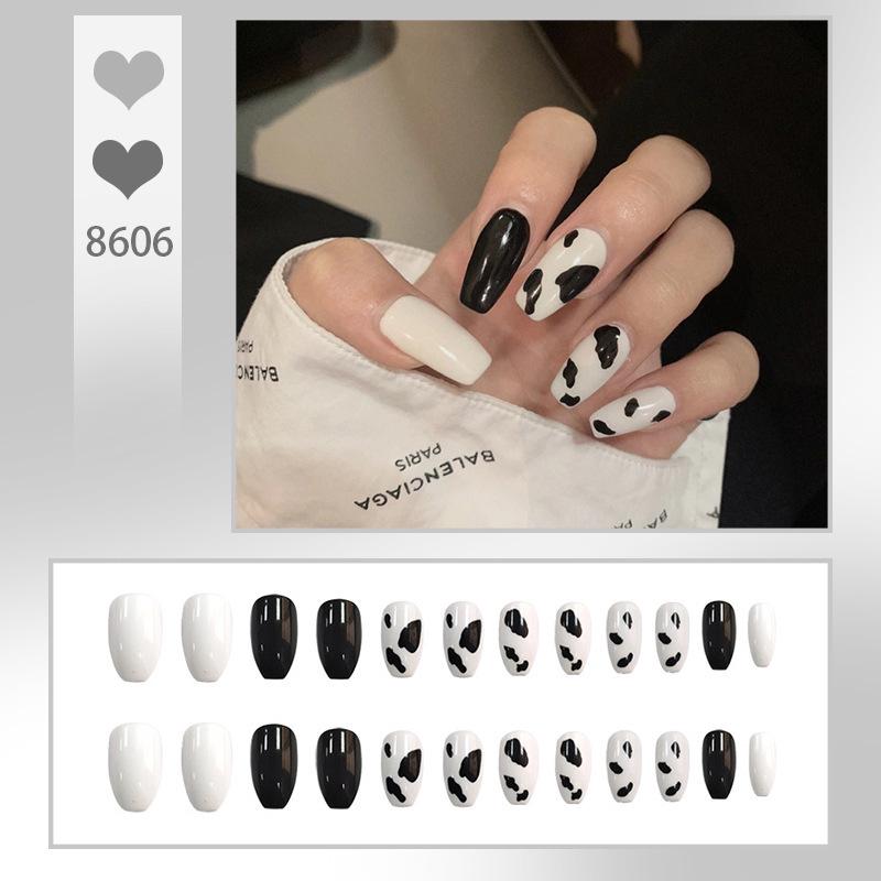 

European & American Cow Print Press-on Nails: Black & White Medium-long False Nail Tips with Adhesive