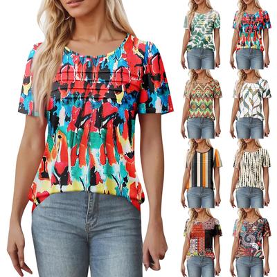 Damen T-Shirt Kurzarm Oberteile Elegant Freizeithemd Frühling Sommer Outfit Fließende Plissee Vorne Rundhals Sommer Tops