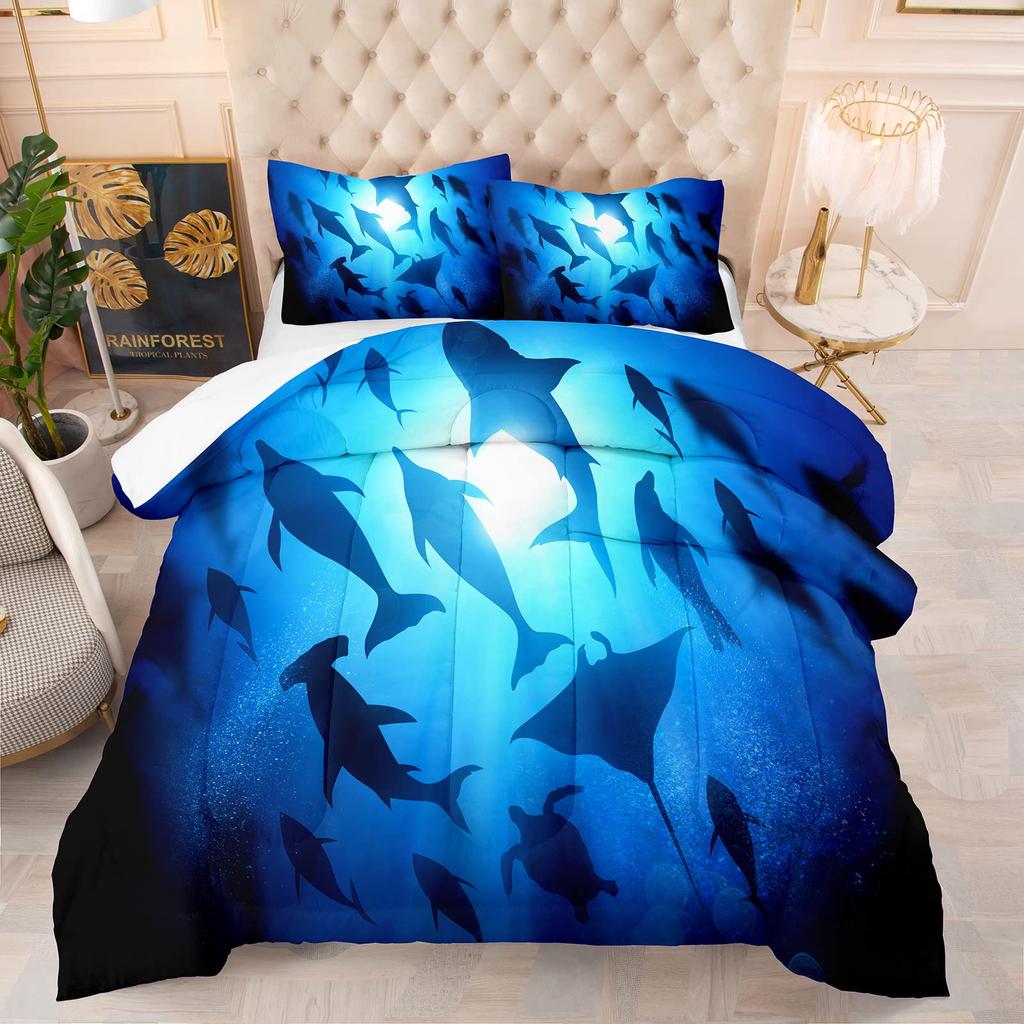 Deep Sea Shark Duvet Cover Set Black Shark Bedding Sets Underwater World Ocean Life Comforter Cover Set For Boys Men Queen Size