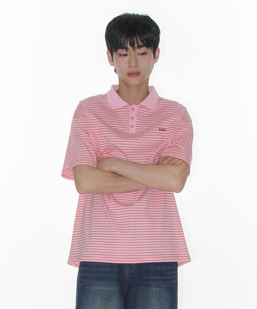AMES-WORLDWIDE Basic Stripe Collar Tee Pink