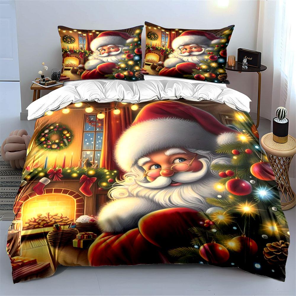 Festive Santa Christmas Scene Bedding Duvet Cover Set Duvet Cover Pillowcases  (1*Duvet Cover 2*Pillowcases, Without Duvet Insert)