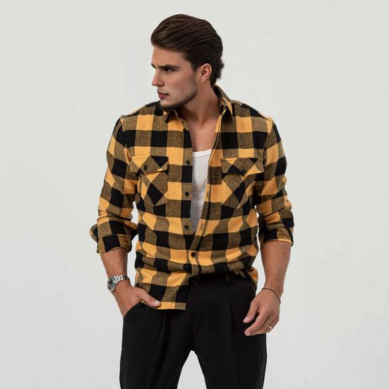 Men Casual Shirt Lapel Long Sleeve Plaid Print Shirt Tops Single Breasted Loose Fit Flap Pockets Shirt Tops