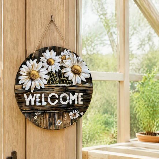 Floral Pattern Wood Sign Wooden Daisy Welcome for Front Door, Rustic Farmhouse Hanging Wall Decor Indoor Outdoor with Hemp Rope, Plaque Home Entrance