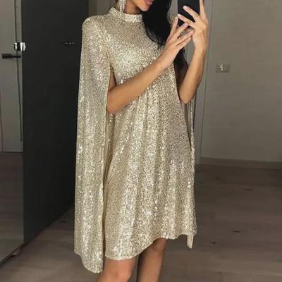 European & American Women's Sequined Long-Sleeve Slit Dress with Stand-Up Collar and Cape Skirt