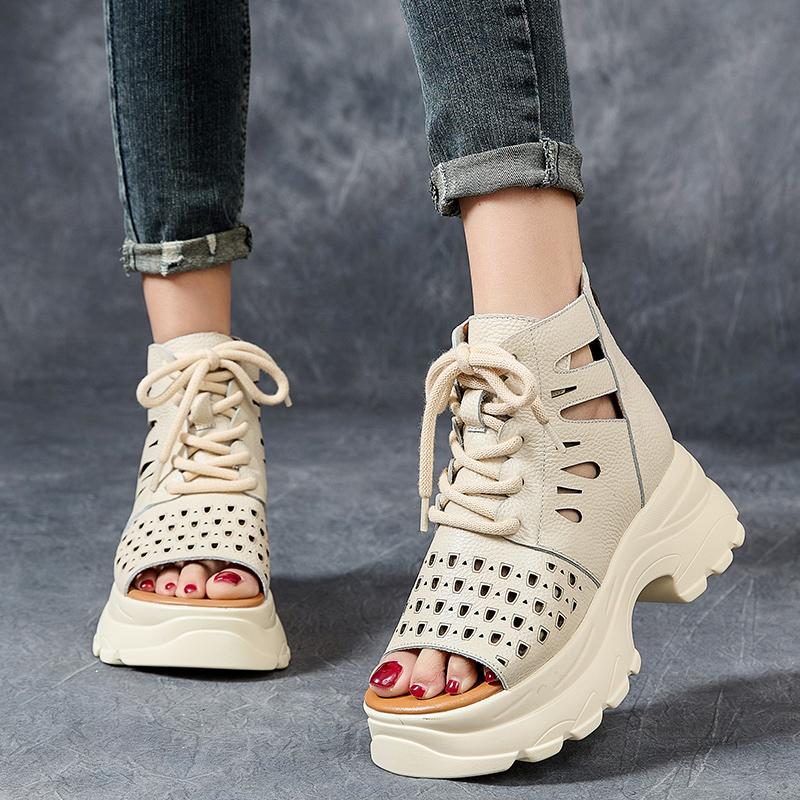Fashion GKTINOO Women Sandals 2025 Summer Platform Thick High Heel Sandals GLADIATOR Genuine Leather Back Zipper Open Toe Cool Boots