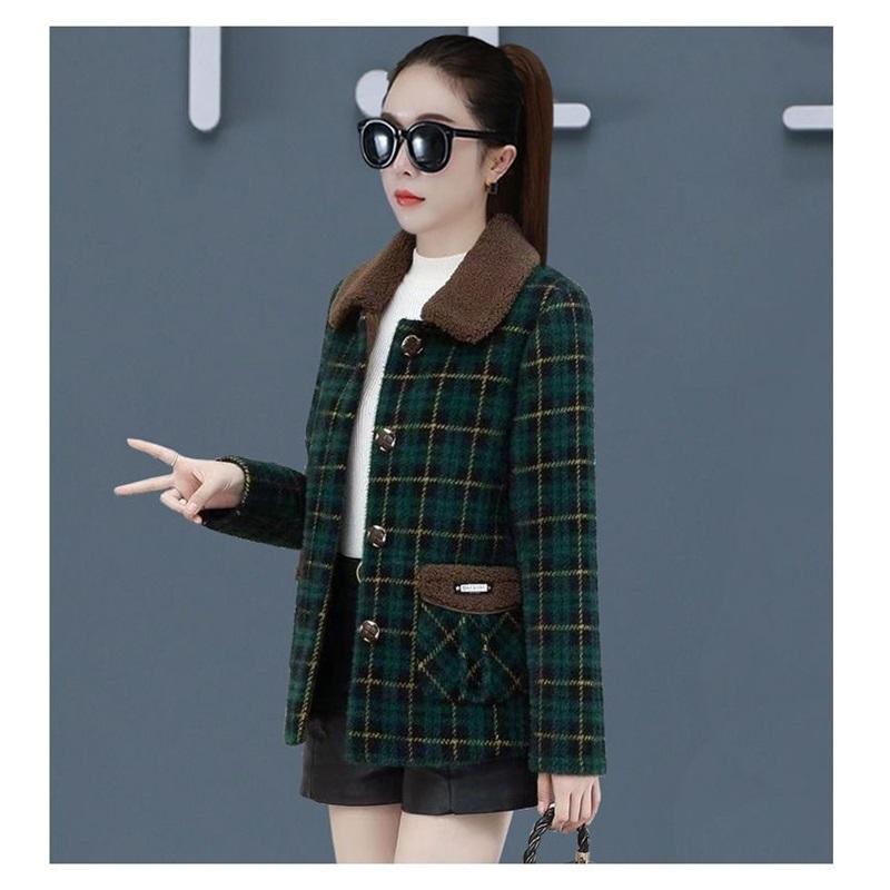Women's Winter Plaid Woolen Coat With Fleece Lining Casual Lapel Button Jacket