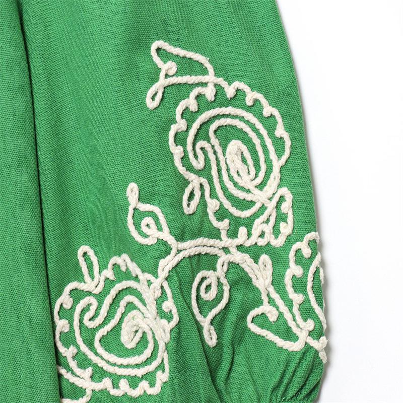2025 European & American Women's Casual Linen-Blend Embroidered Top & Wide-Leg Pants Set