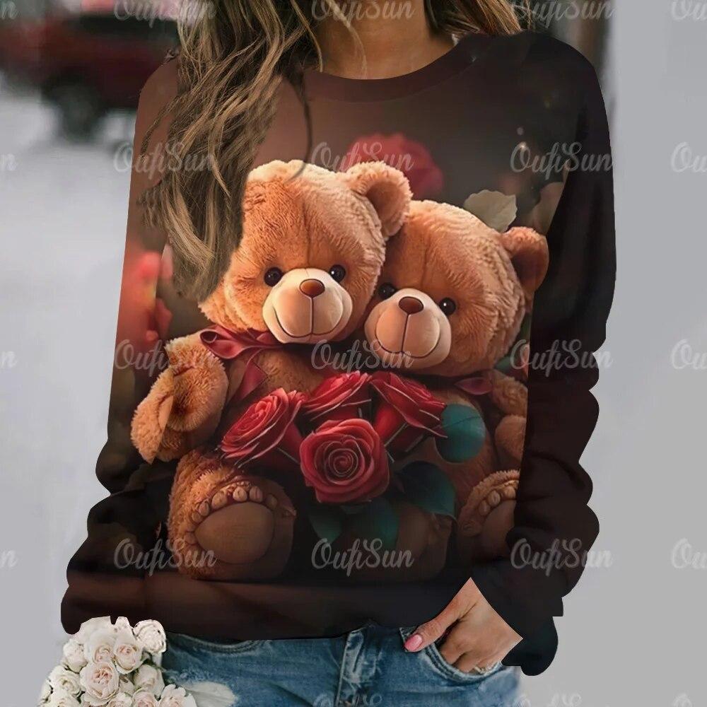 Cute Bear Women's Hoodie Casual O Neck Long Sleeve Pullover Tops 2024 New T-Shirt for Women Streetwear Fashion Women T Shirt Tee