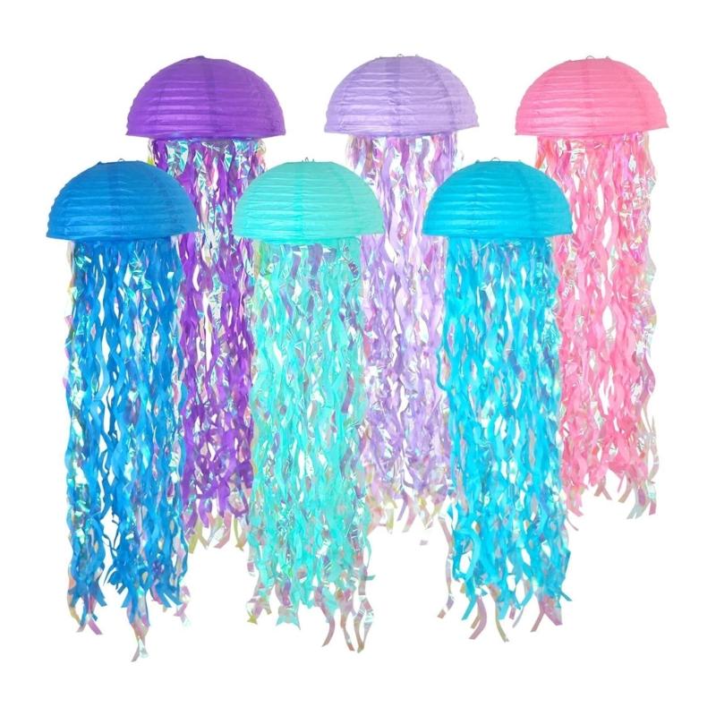 Set of 6 Ocean Theme Jellyfish Paper Hangings Colorful Hanging Decoration for Birthday Parties and Baby Showers