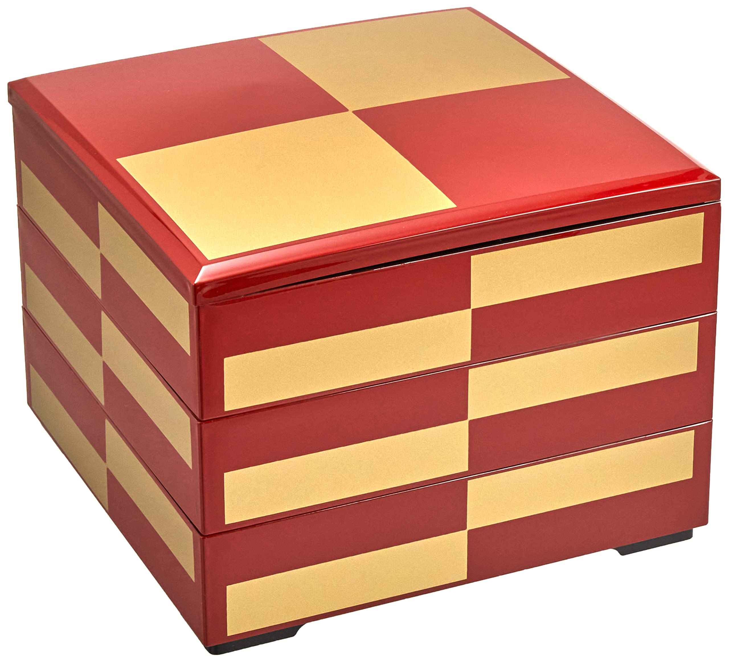 

Wakaizumi Lacquerware, 3-Tiered Box, 7-inch Wakana Ju, Vermilion and Gold Checkered Design (Black Interior), H-159-14-A