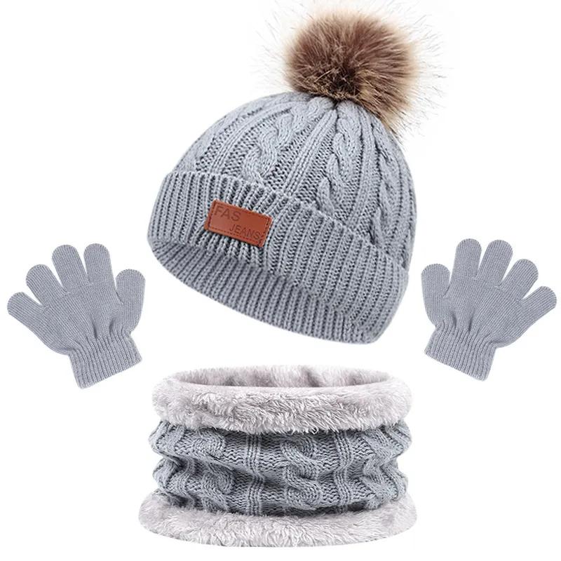 3 STÜCKE Niedliche Bommel Strickmützen Winter Baby Mütze Schal Handschuhe Set Einfarbig Kleinkind Mütze Outdoor Warm Säuglingszubehör 1-5J