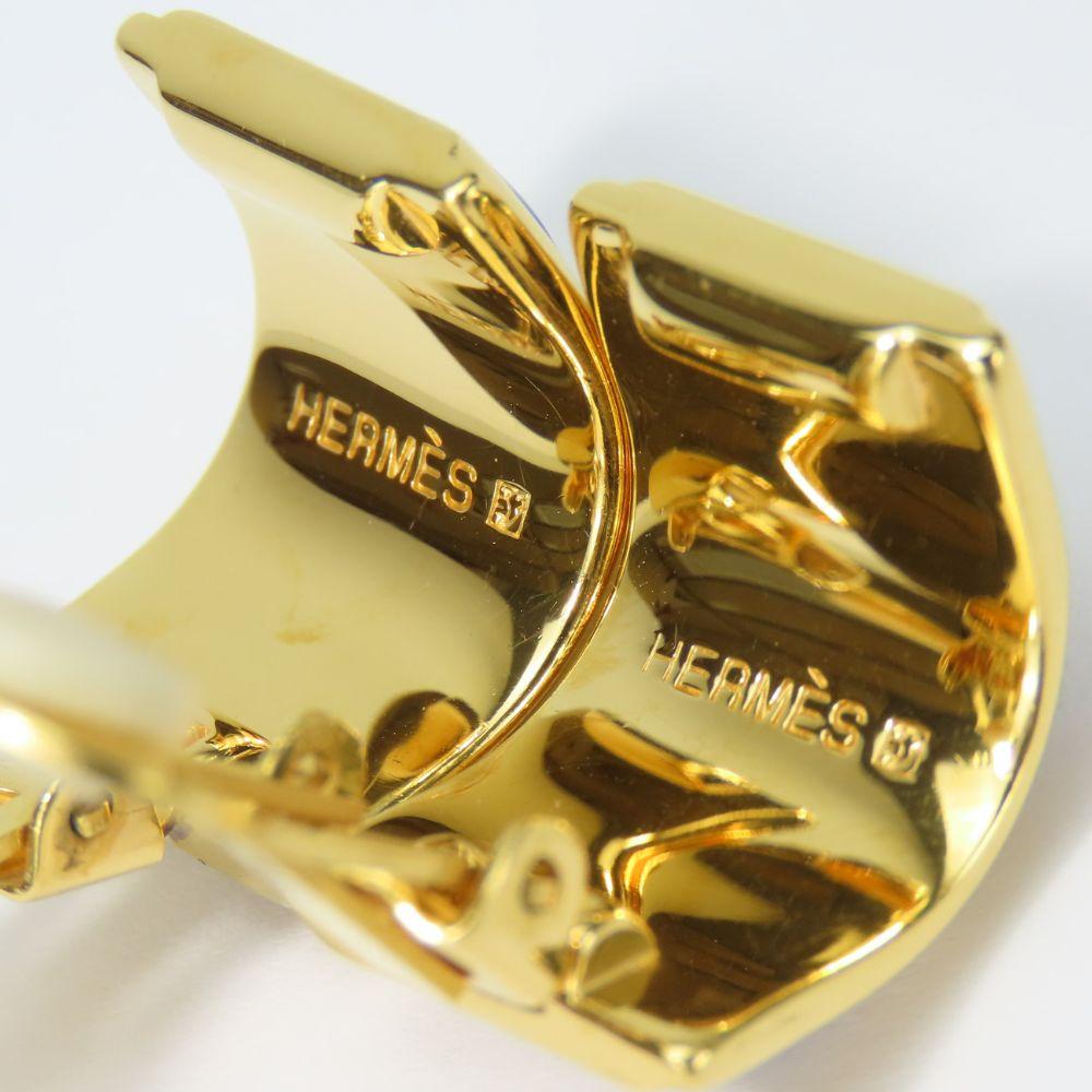 Used HERMES Earring Emile Feather Pattern Metal 15.3g Blue Multicolor Plating