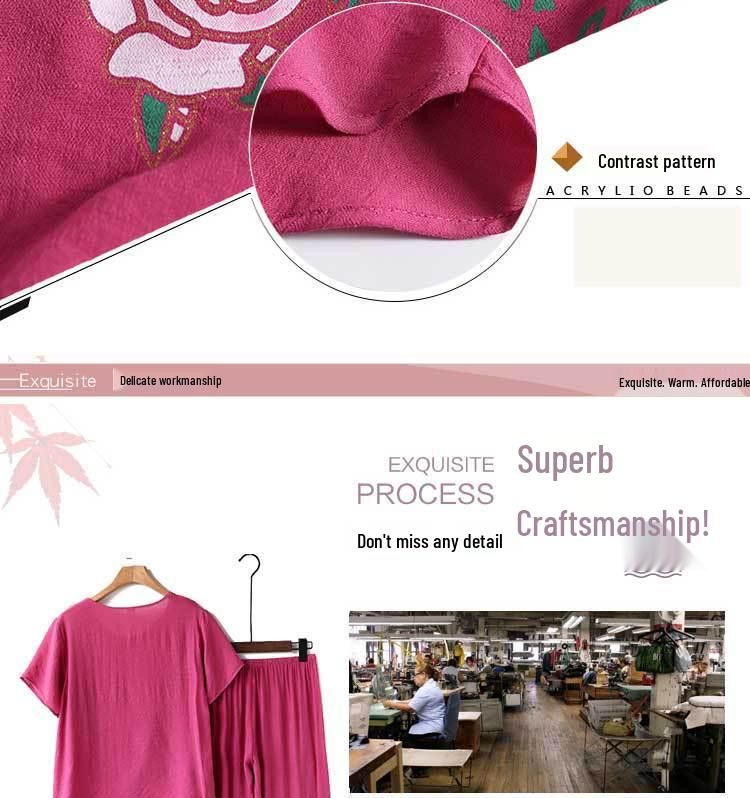 Senior Women's Cotton Linen Pajama Set: Short-Sleeved, Two-Piece Summer Outfit for Moms and Grandmas