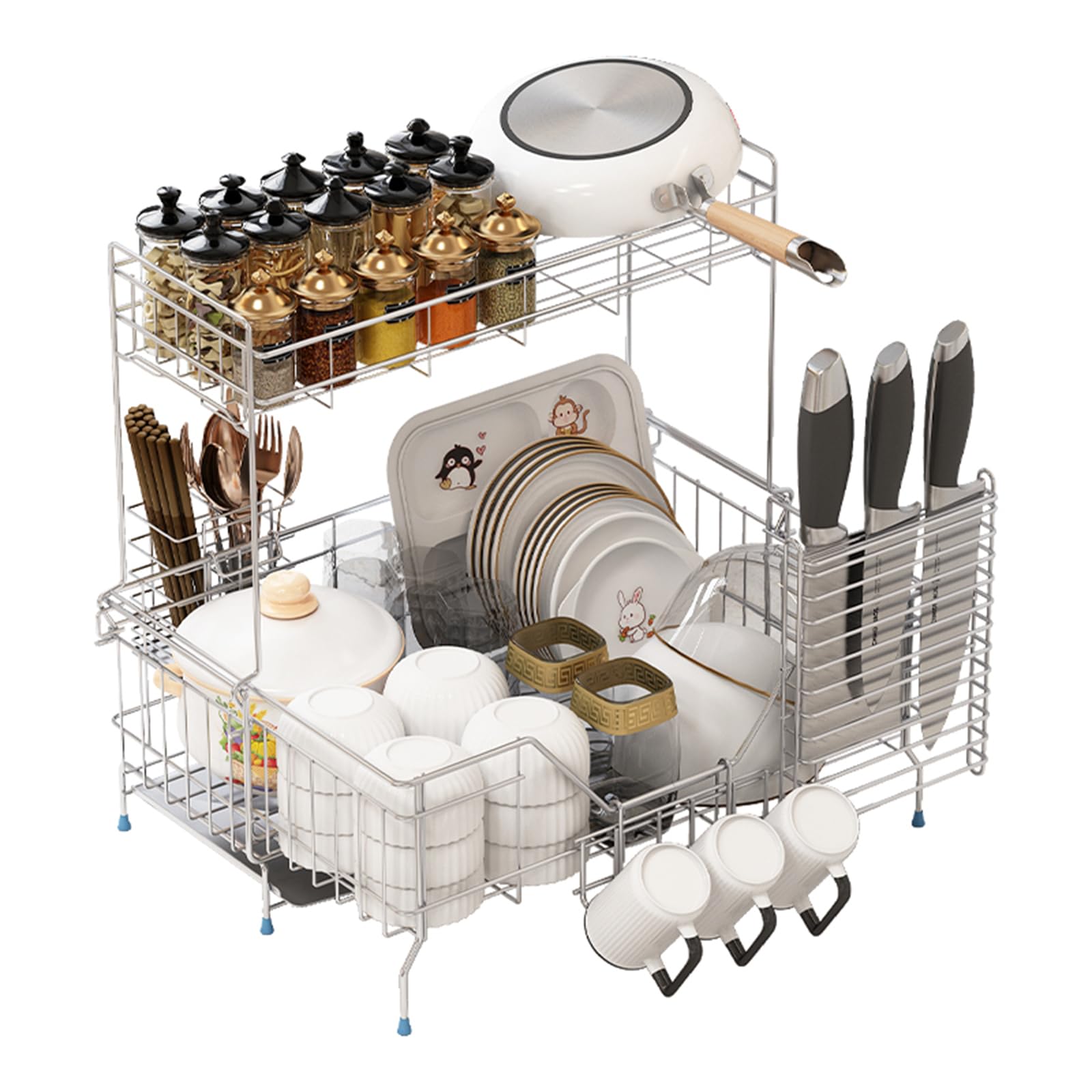 

Телескопическая выдвижная сушилка Kaderron, 2 яруса, с подставкой для палочек, держателем для ножей, 3 держателями для стаканов, ширина x глубина 58 см, экономящая место сушилка для раковины серебряный