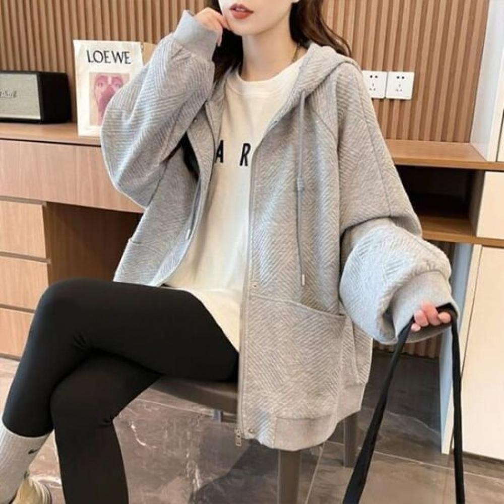 Navava Women Daily Ribbed Pattern Hooded Zip Up Nc405
