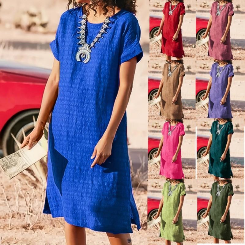 Womens Oversized Relaxed Fit Linen Cotton Blend Shirt Loose Round Neck Top Casual Plus Size