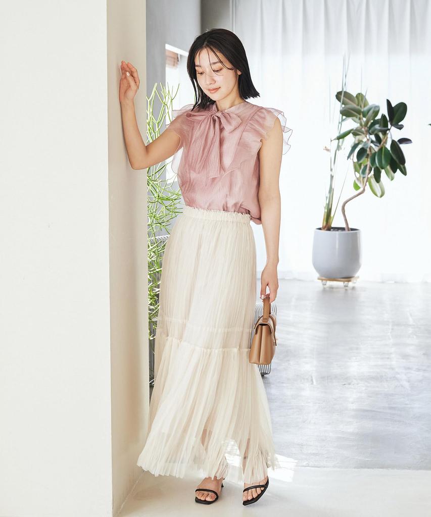 Washable Shiny Bowtie Frill Front and Pink [BIS] Women's Blouse, 2-Way Back, (63)