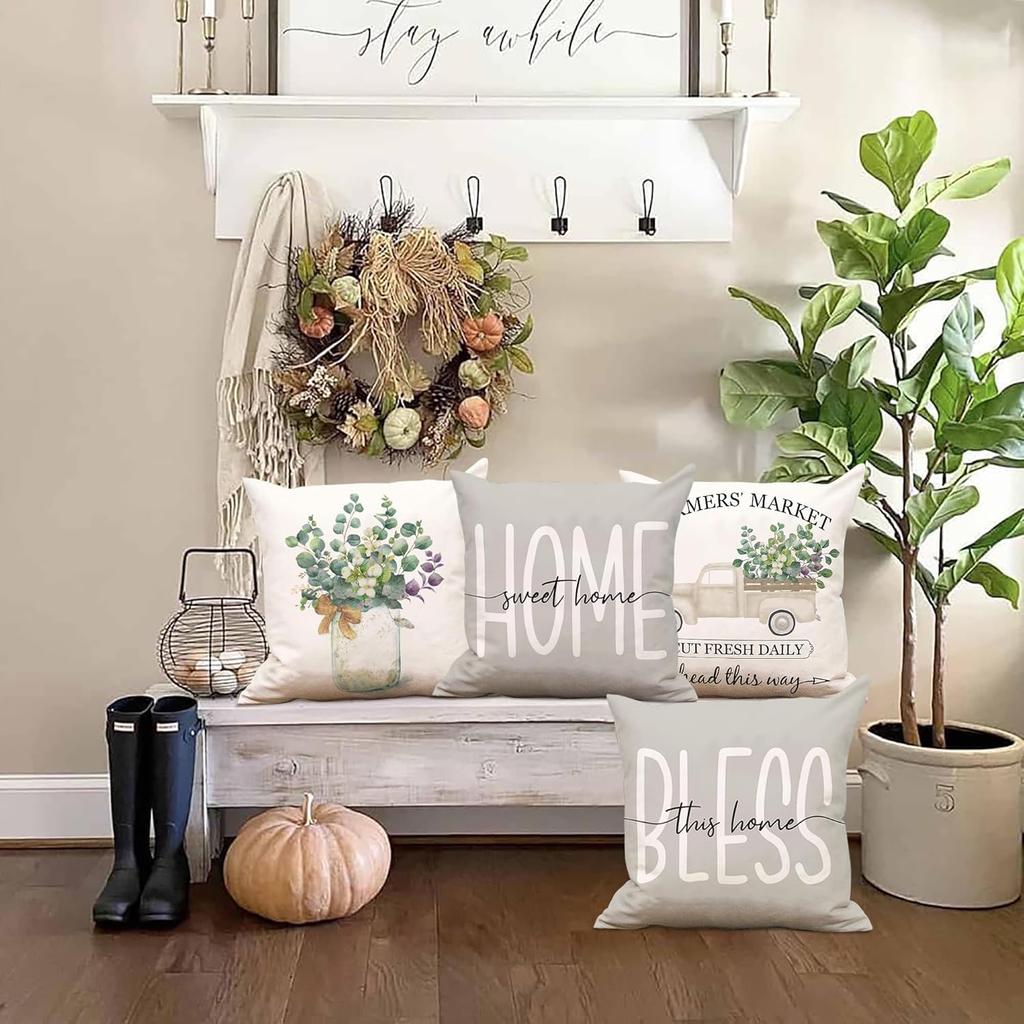 24x24 Farmhouse Pillow Covers Set of 4 Decorative Throw Pillow Covers Pattern Home Sweet Home Rustic Square Pillows Farm House Home Living Room Decor