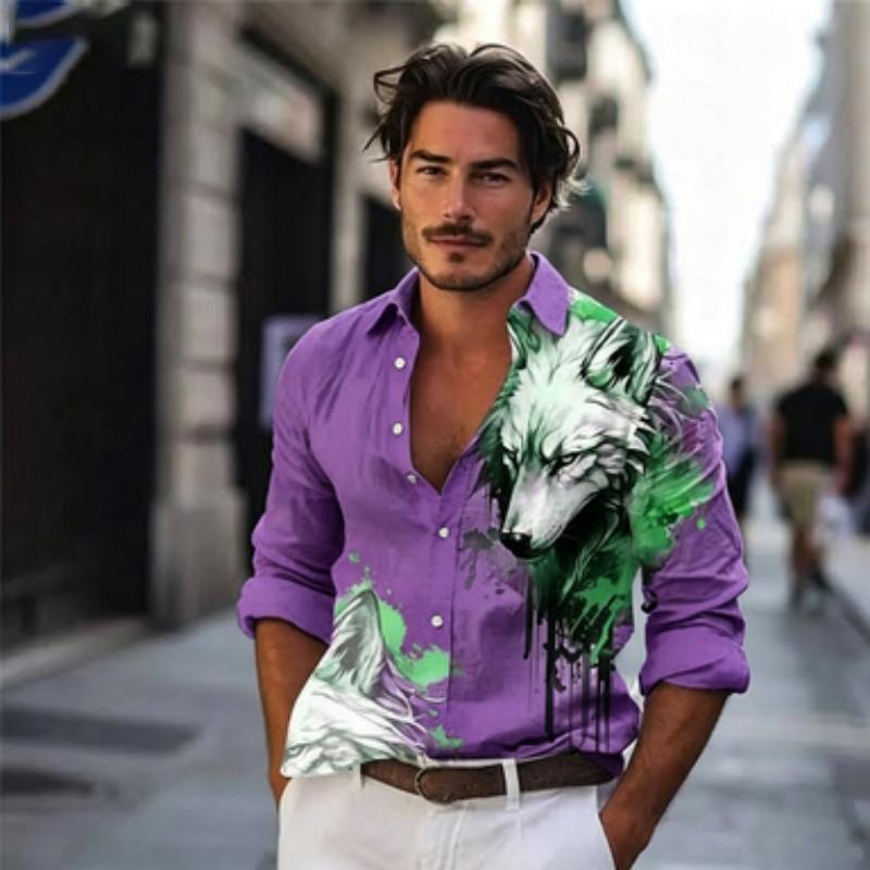 Men Button‑up Long Sleeve Shirt Wild Wolf‑head Splash‑art Motif Turn‑down Collar Leisure Street Theme‑party Gathering Outfit