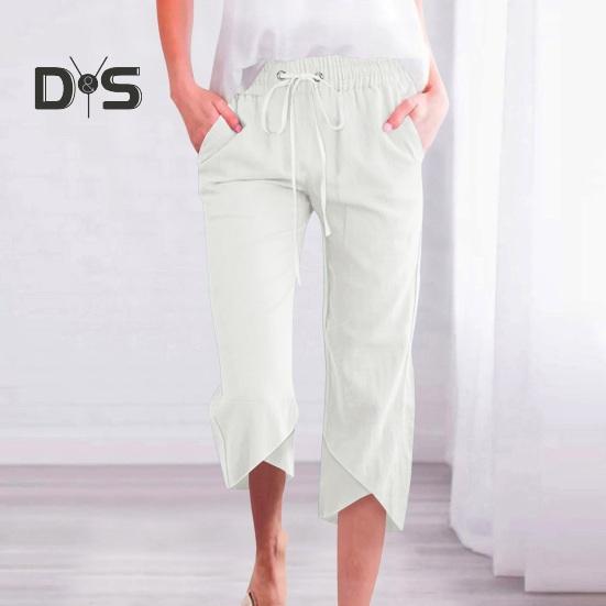 Damen Cropped-Hose, elastischer Kordelzug in der Taille, lässiges Design mit lockerem Bein, Freizeithose, einfarbig, lockere Passform, Hose mit mittlerer Wade