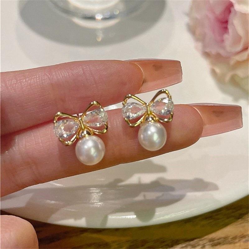

Light luxury versatile high-end bow zircon stud earrings women s s111 silver needle temperament small pearl earrings earrings 925 silver needle